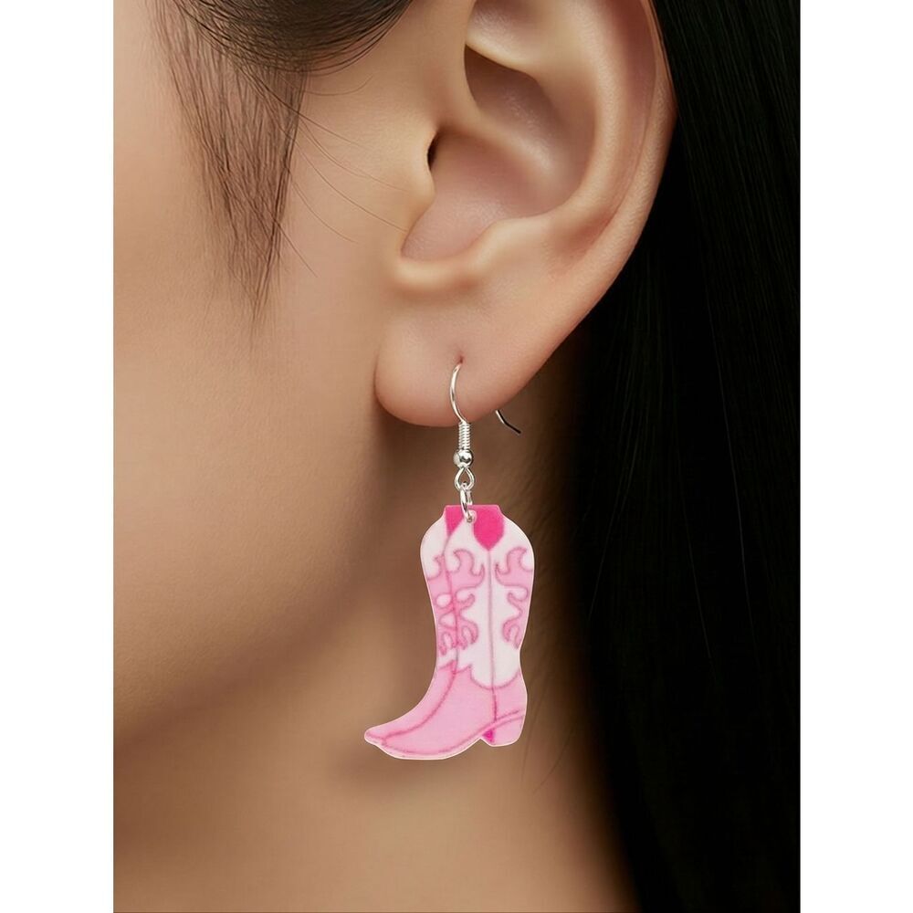 Pink CowboyโBoot Earrings Western Cowgirl Acrylic Dangle Cute Coastal Girly Chic